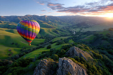 Obraz premium Colorful hot air balloon floats over green hills during sunset in scenic landscape