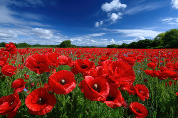 Fototapeta premium Vibrant red poppy field under bright blue sky with fluffy clouds in sunny weather