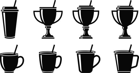 coffee, mug, cup, trophy, silhouette, vector, black, icon, illustration, design, tea, drinkware, beverage, handle, award, straw, graphic, plastic, ceramic, hot, refreshment, prize, 