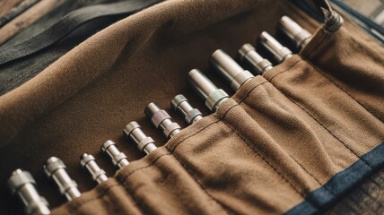 Rolled pouch with precision machined metal tools in organized compartments