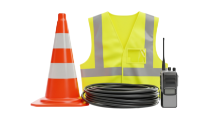 Traffic cone, coiled cable, walkie talkie, and safety vest. Road construction and worker safety equipment.