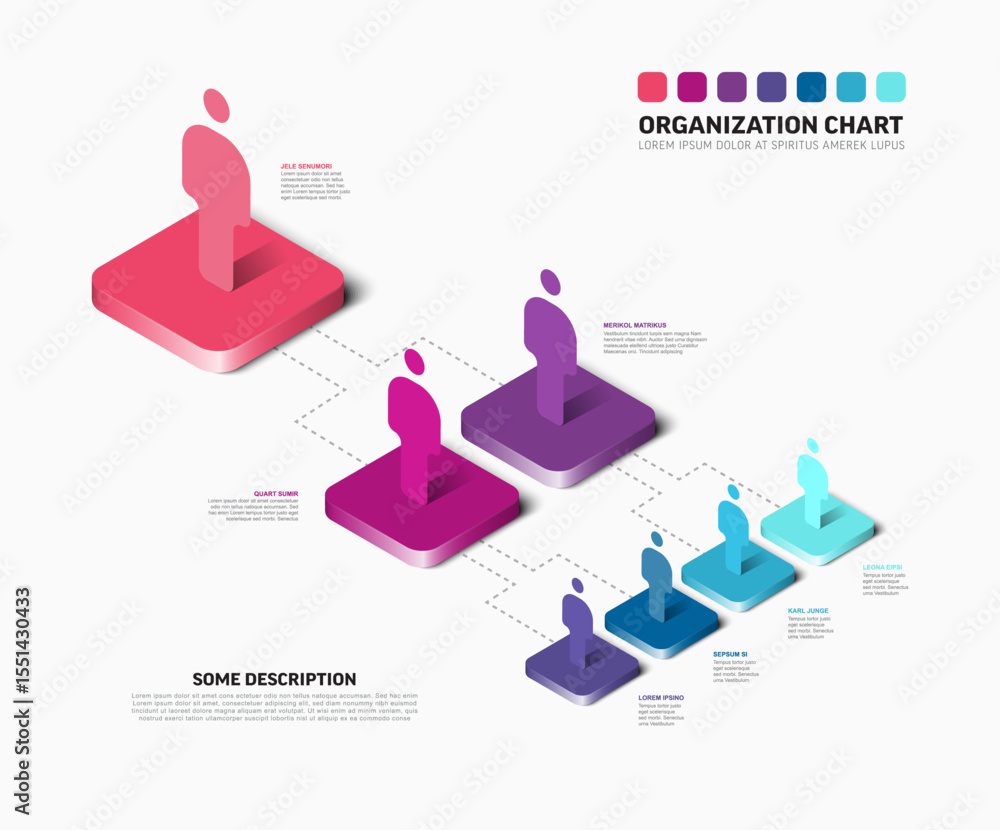 Poster isometric organization chart illustrates a clear business hierarchy. it visually represents team str