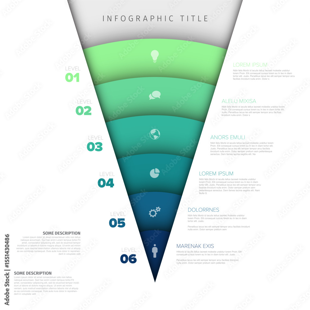 Aufkleber a vibrant funnel infographic template features six distinct colored levels, each with an icon and pl