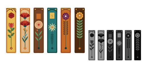 Decorative floral book spines in varying colors featuring stylish ornamental designs perfect for illustration purposes