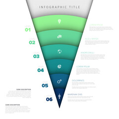 A vibrant funnel infographic template features six distinct colored levels, each with an icon and placeholder text. Versatile funnel infographic for presentations, showing steps, or data visualization