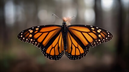 Colorful monarch butterfly showcases its striking patterns while resting in a forest environment.