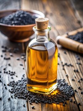 Close-up of black cumin oil bottle on table with selective focus
