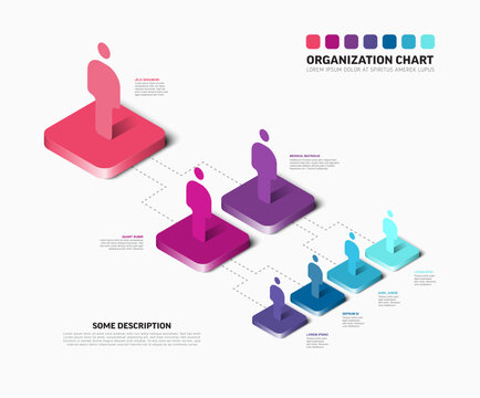 Isometric organization chart illustrates a clear business hierarchy. It visually represents team structure and connections, making it an ideal organization chart to display any company's hierarchy.