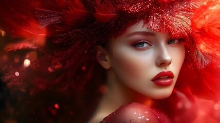Sensual Red Fashion Fantasy Styling of Young Woman in Bright Setting