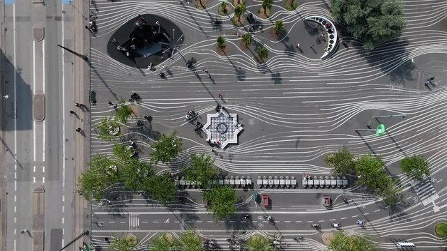 Top down aerial view of Superkilen Park, a public park located in the N&oslash;rrebro district of Copenhagen, Denmark.