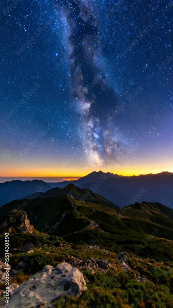 Canvas Prints milky way galaxy spans above mountain range at twilight casting glow, creating serene and awe-inspir