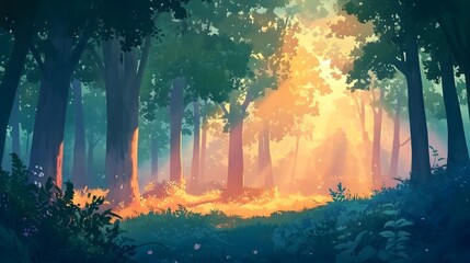 Serene Morning Sunlight Peeking Through Lush Forest Canopy