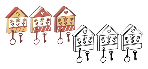 Hand drawn key holders shaped like houses with heart details and floral elements hanging keys on white background design