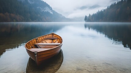 Tranquil View of a Solitary Boat in a Serene Lake Setting
