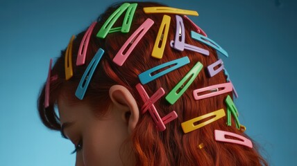 Female teen with red hair and colorful hair clips against blue background