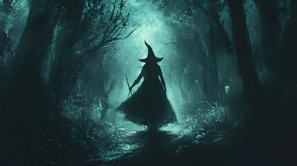 Enigmatic Witch Roaming Through Shadowy Woods