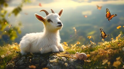 Charming Baby Goat in Enchanting Hilltop with Snail and Butterflies