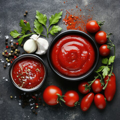 ketchup in bowl and tomatoes parsley and garlic