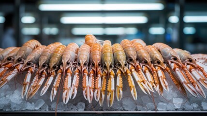 Fresh langoustines displayed on ice at seafood market counter