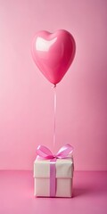 Colorful gift box on pink background with heart shape balloon tied to it and surrounded by soft tissue paper