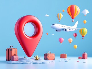 3D illustration of a red location pin with airplane, hot air balloons, and suitcases flying around. Perfect for travel apps, booking platforms, or vacation-themed promotional visuals