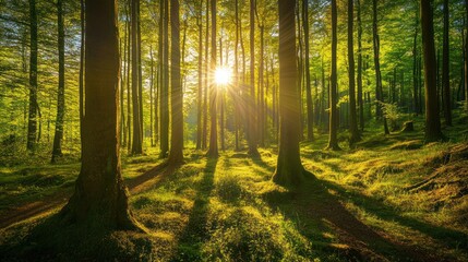 Obraz premium Sunlight streams through a dense forest