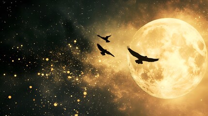 Enchanting Full Moon and Falling Stars with Birds in Tropical Setting