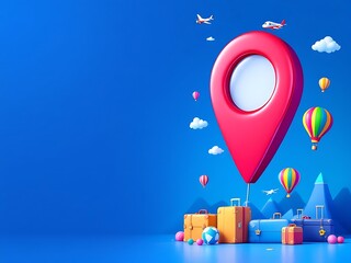 3D illustration of a red location pin with airplane, hot air balloons, and suitcases flying around. Perfect for travel apps, booking platforms, or vacation-themed promotional visuals