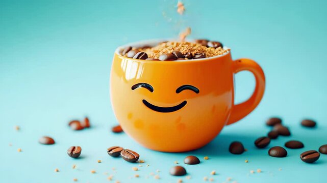 Orange cup of coffee with chocolate chips on blue background with happy smile face. Break time, morning mug concept