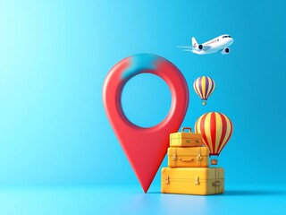 3D illustration of a red location pin with airplane, hot air balloons, and suitcases flying around. Perfect for travel apps, booking platforms, or vacation-themed promotional visuals