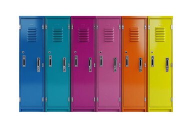 Brightly colored row of school lockers captured from the front showcasing a mix of hues and symmetrical design typical of educational institutions isolated on transparent background PNG