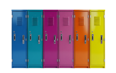 Brightly colored row of school lockers captured from the front showcasing a mix of hues and symmetrical design typical of educational institutions isolated on transparent background PNG
