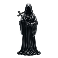 Naklejka premium Dark robed figure holding a cross. Mysterious and eerie, this statue evokes a sense of the unknown.