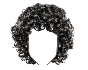 Curly black afro wig object isolated on transparency background, synthetic hairpiece with voluminous texture, retro style, costume accessory, playful and fun appearance for parties or events