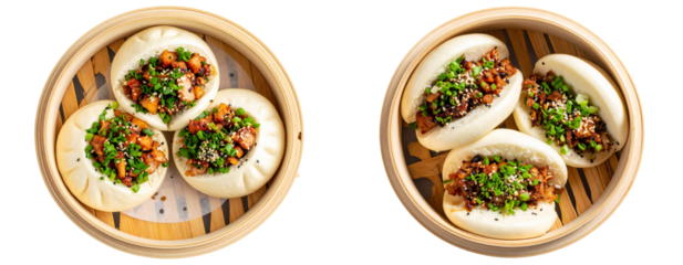 Pork Belly Bao Buns in Bamboo Steamer with Glossy Glaze Top View Transparent Background PNG