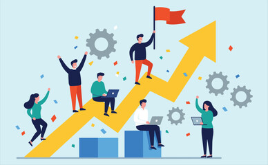 Team Climbing Upward Growth Arrow to Achieve Business Goals, Symbolizing Success, Progress, Strategy, and Collaborative Effort in a Dynamic Workplace Environment.