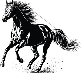 Black horse illustration, running stallion, wild animal graphic, vector silhouette art, galloping horse drawing, equine power symbol, dramatic motion lines, bold ink style, powerful nature icon

