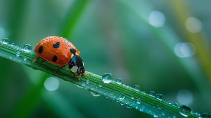 A vibrant ladybug climbs a green blade of grass adorned with glistening droplets of morning dew.