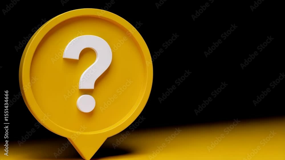 Poster question mark icon with pointer shape, white symbol on yellow rounded marker on yellow surface, with