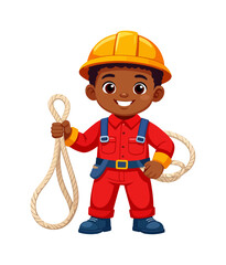A cartoon boy in a red uniform and yellow helmet holds a coiled rope standing on a white background
