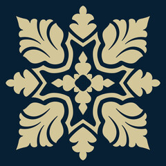 Golden Mandala Pattern, Vintage Flowers, Navy Background