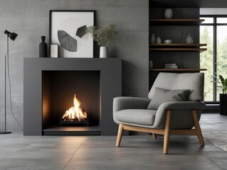 Fototapeta premium Grey chair by fireplace against concrete wall with shelves. Scandinavian home interior