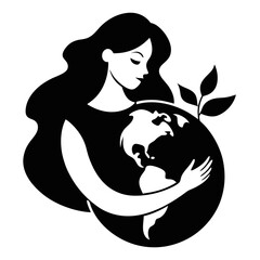 Mother earth day and woman hugging earth black and white vector icon on white background.