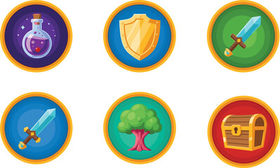 Fantasy game icon set, cartoon design, RPG potion, magic sword, golden shield, treasure chest, colorful tree, vector UI asset, mobile game items, flat style icons