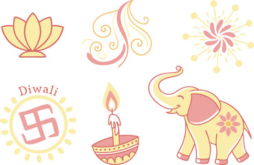 Beautiful Diwali Clipart Collection for Festive Designs and Printing. Colorful Diwali Clipart Elements for Creative Holiday Artwork. Diwali Clipart Set Featuring Diya's Candles and Rangoli Art
