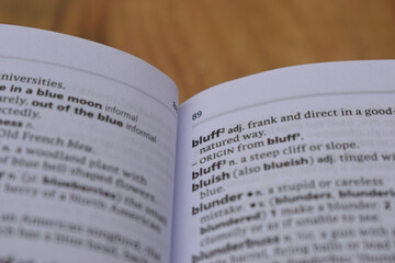 English Definition Dictionary Page Of Printed Word - Bluff  Close Up