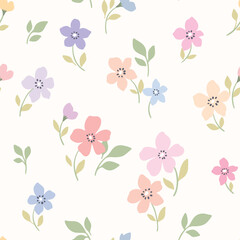 Seamless floral pattern, liberty ditsy print of pretty simple flowers in pastel spring colors. Cute botanical design, repeat tile of small hand drawn daisy flowers, tiny leaves. Vector illustration.