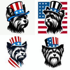 Yorkshire Terrier Dog. Logo Head Face Animal Independence Day 4th of July Clipart Line Art Vector Illustration. Tiny yorkie canine breed domestic pet.