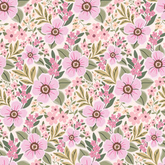 Seamless floral pattern, abstract ditsy print of gentle decorative art meadow. Cute botanical design of large hand drawn flowers, small leaves. Folk motif ornament in pastel colors Vector illustration