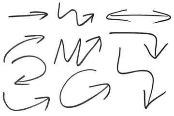 Set of arrow sign drawn with black marker on transparent background